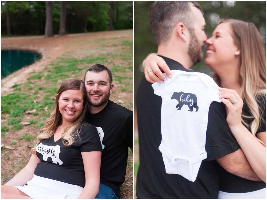 baby announcement couple sitting by pond