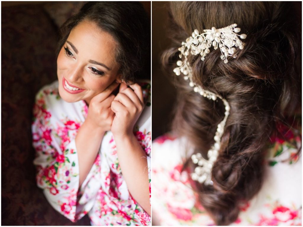 Outdoor Spring Wedding bride putting in earrings and hair