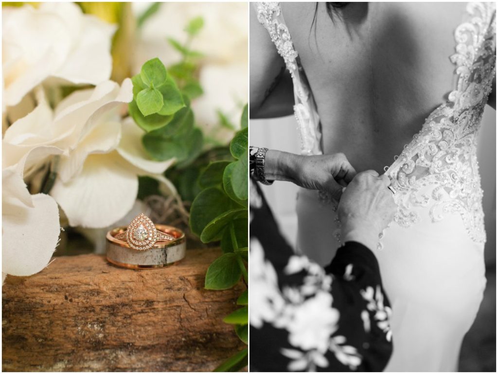 Outdoor Spring Wedding ring and zipping of dress