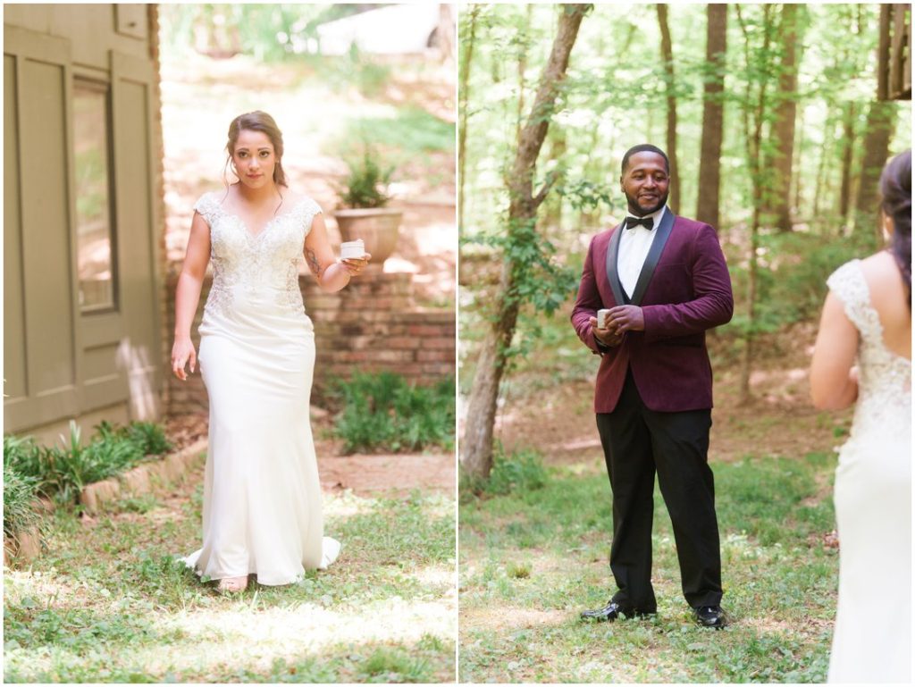 Outdoor Spring Wedding groom seeing bride