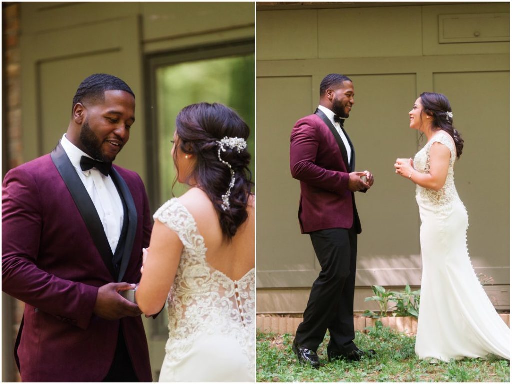 Outdoor Spring Wedding bride and groom holding hands first look