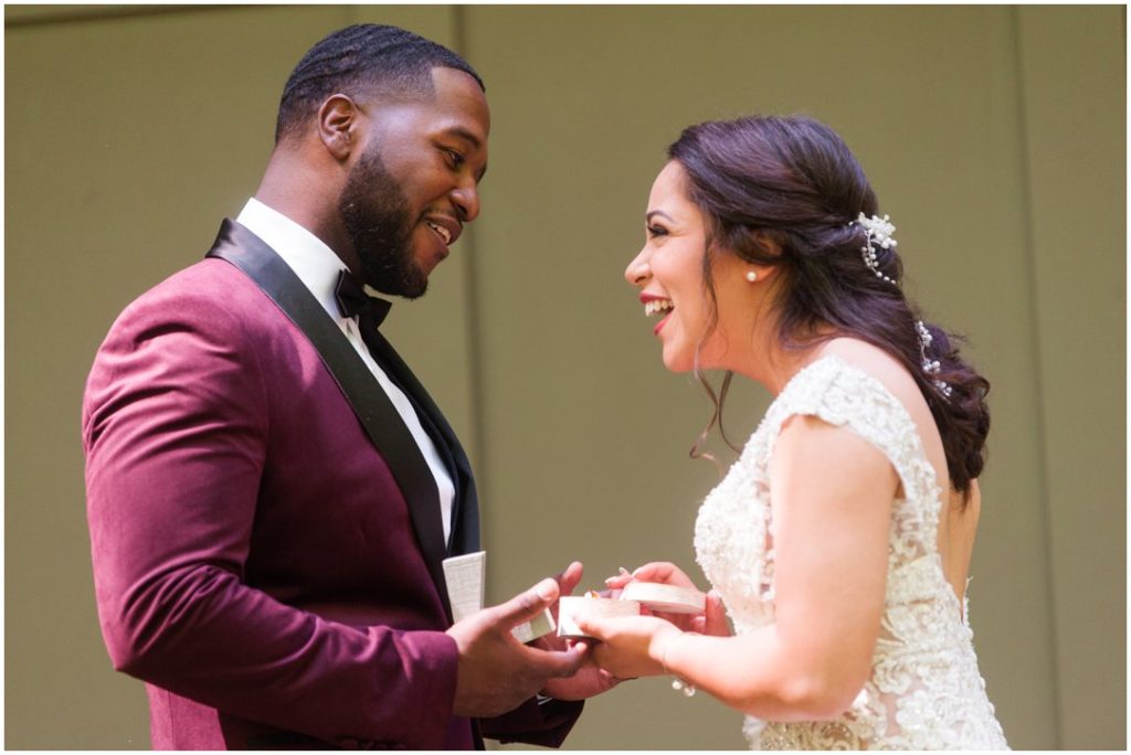 Outdoor Spring Wedding bride and groom laughing