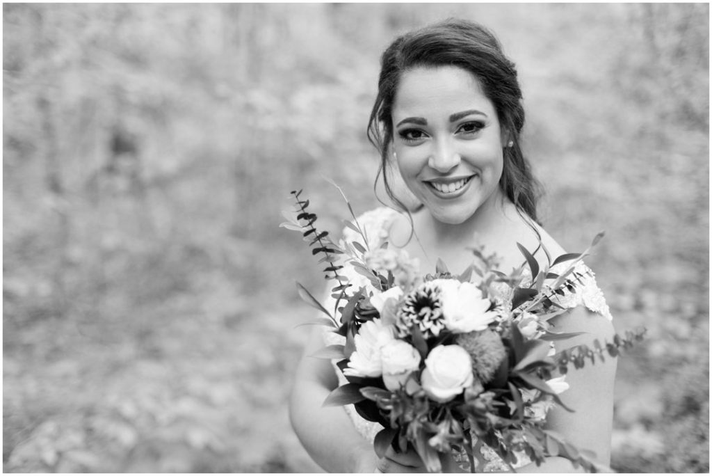 Outdoor Spring Wedding B&W bride with bouquet