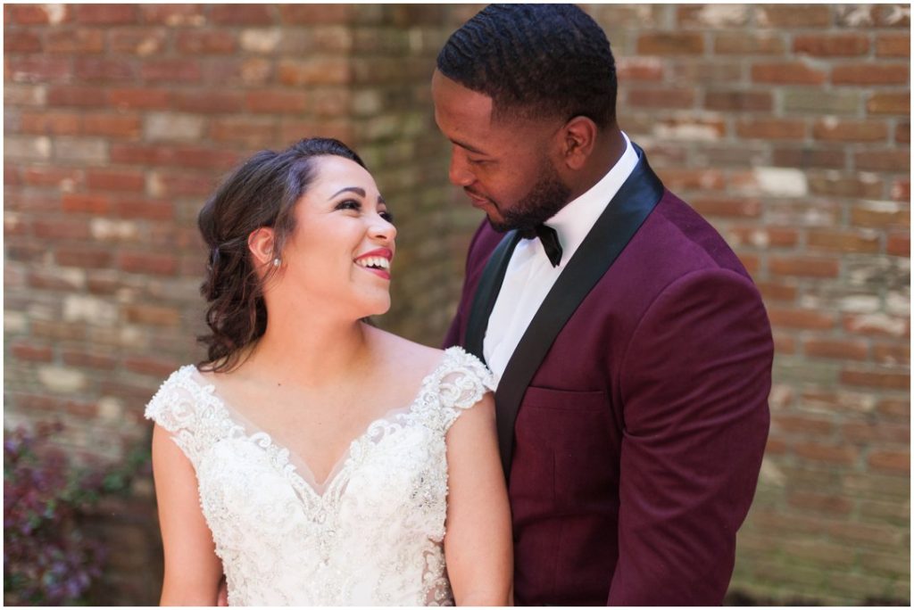 Outdoor Spring Wedding bride and groom laughing