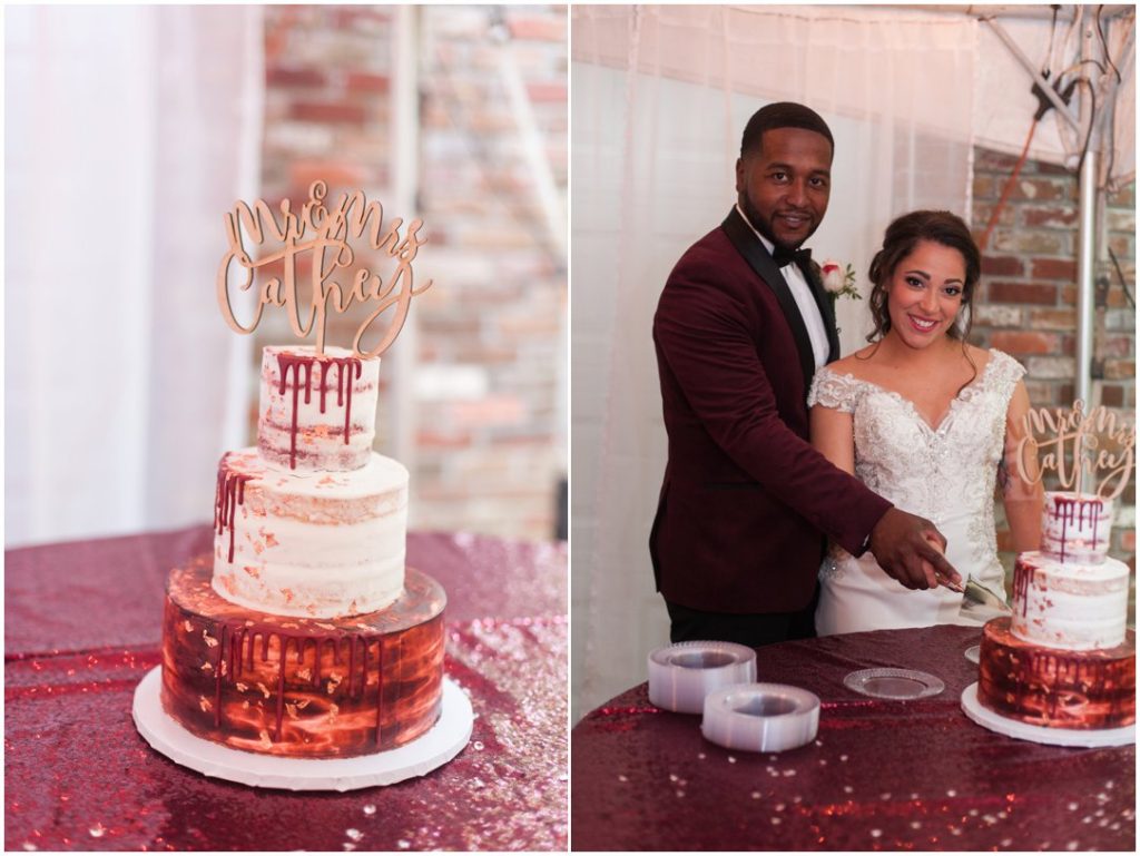 Outdoor Spring Wedding cake and cutting cake