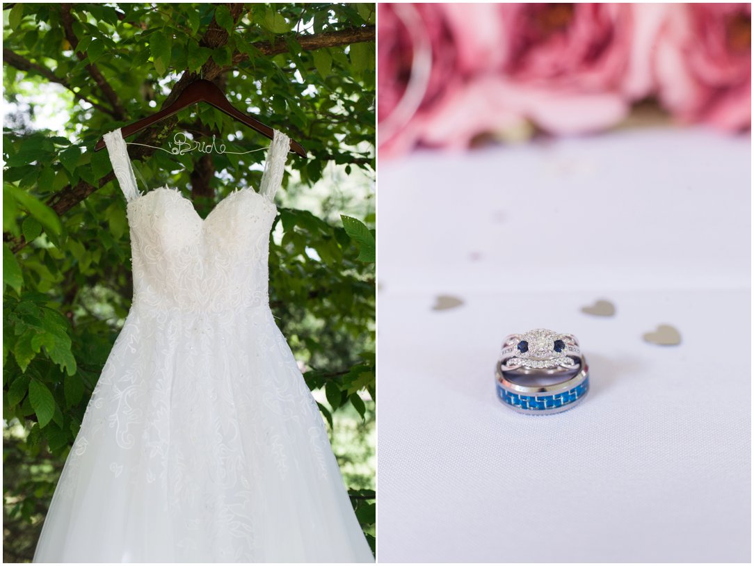 Summer lakeside Wedding dress and rings on table