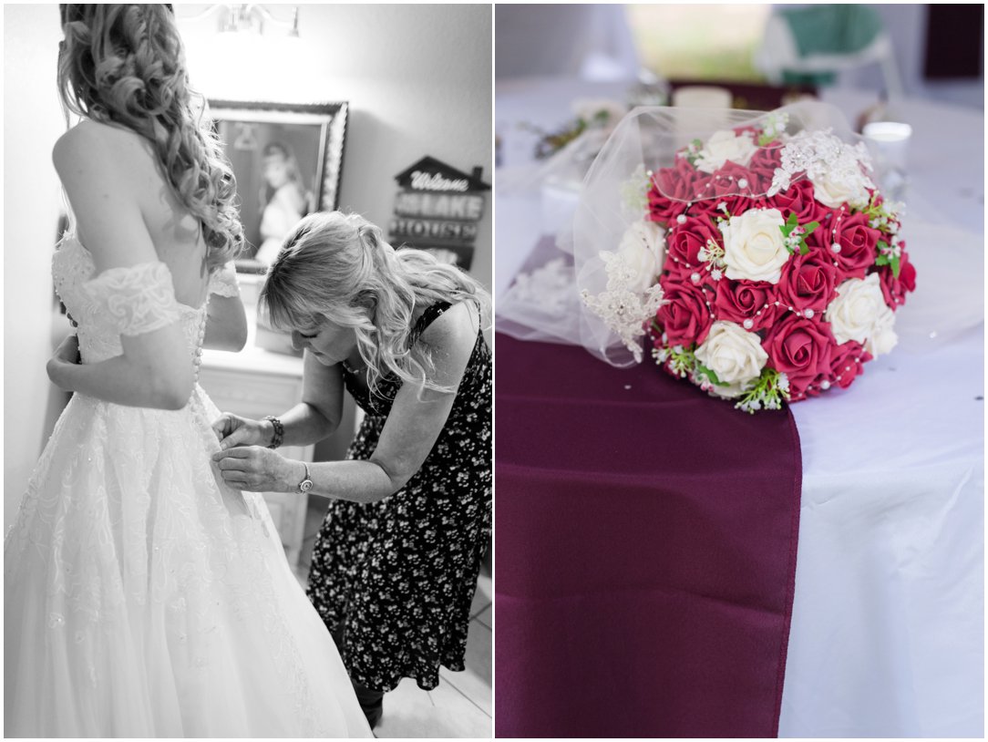 Summer lakeside Wedding mother buttoning brides dress and bouquet