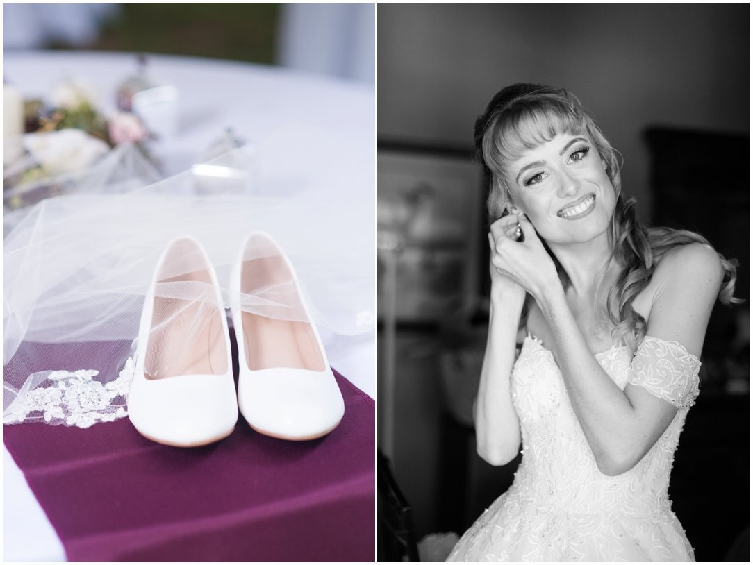 Summer lakeside Wedding shoes and bride putting in earrings