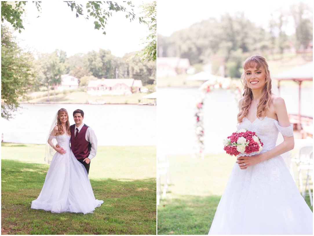 Summer lakeside Wedding bride with bouquet and couple by lake