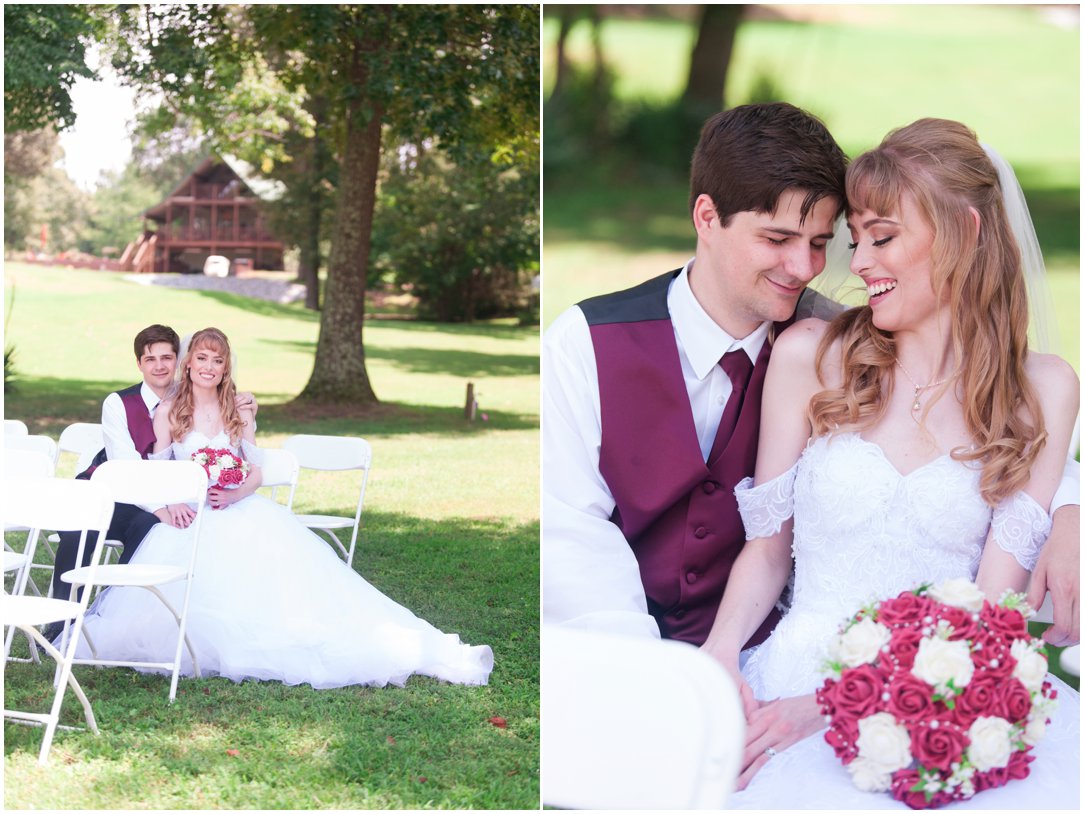 Summer lakeside Wedding couple laughing by lake