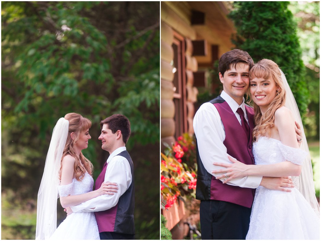 Summer lakeside Wedding couple looking at each other