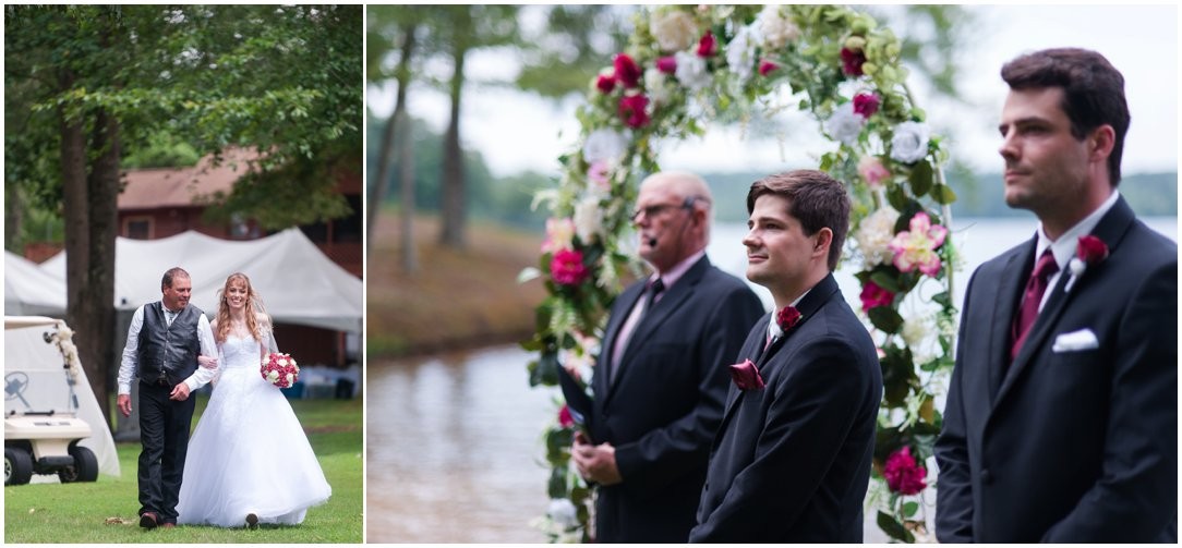 Summer lakeside Wedding bride getting off golf cart