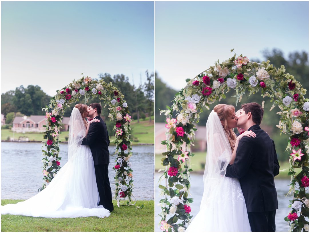 Summer lakeside Wedding first kiss