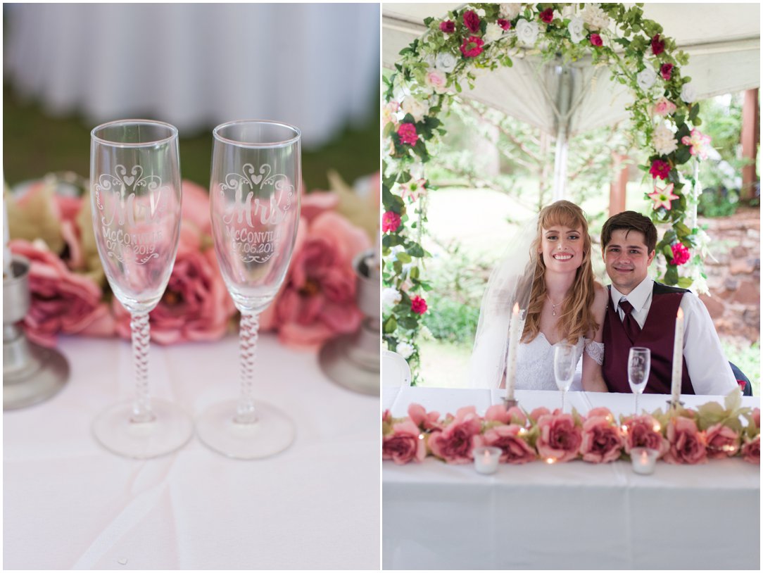 Summer lakeside Wedding bride and groom champagne glasses