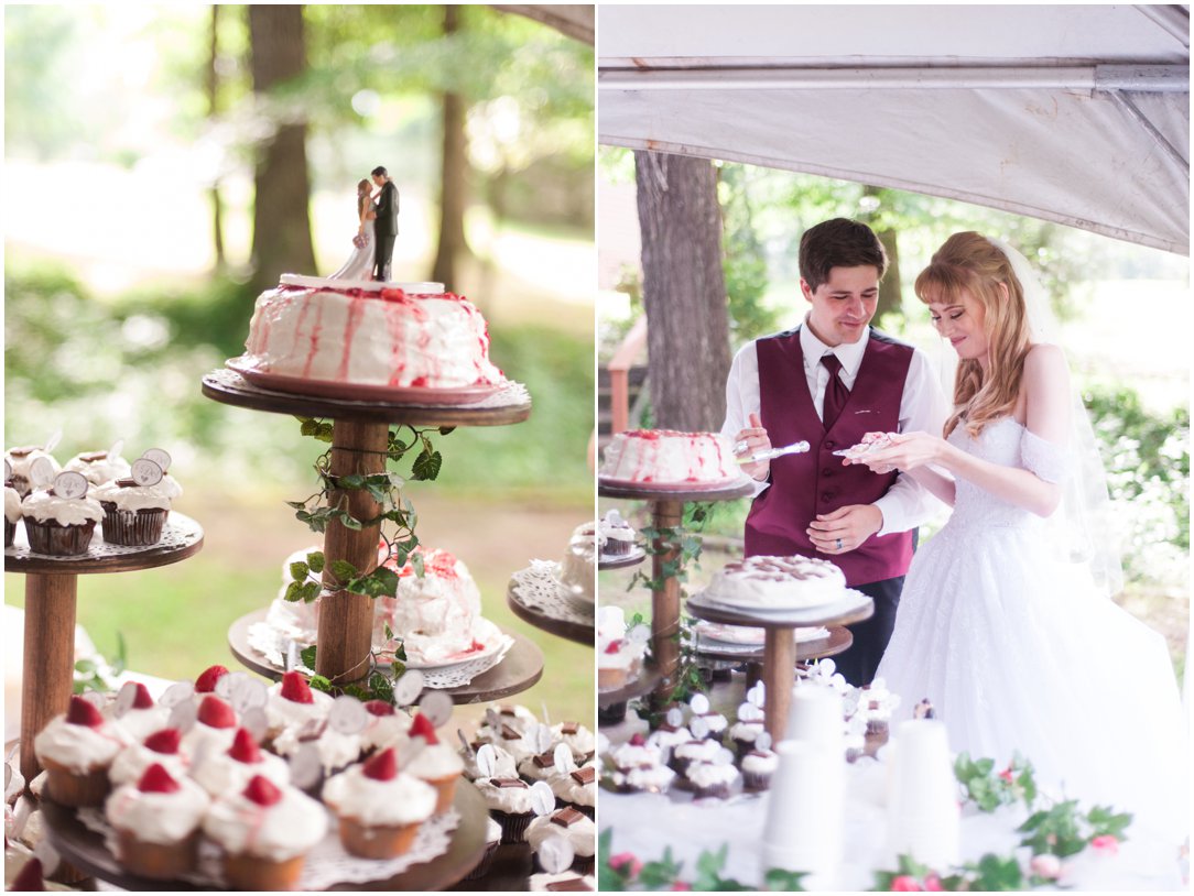 Summer lakeside Wedding bride and groom with cake