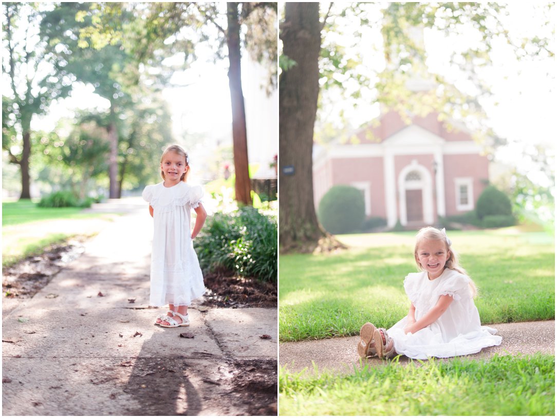 kid portrait in front of chapel