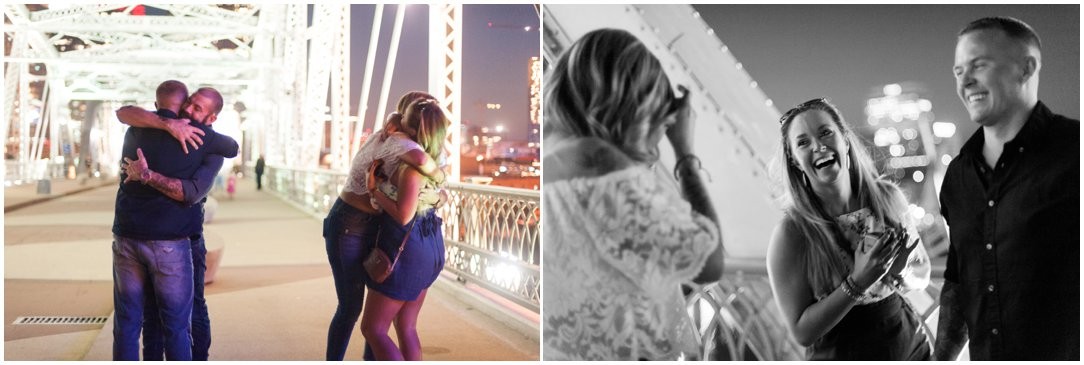 friends hugging on bridge after proposal