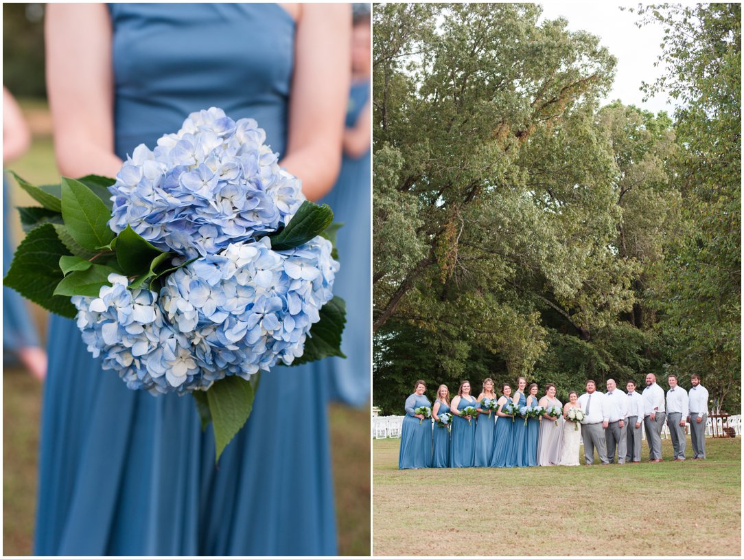 large wedding party and bridesmaids bouquet