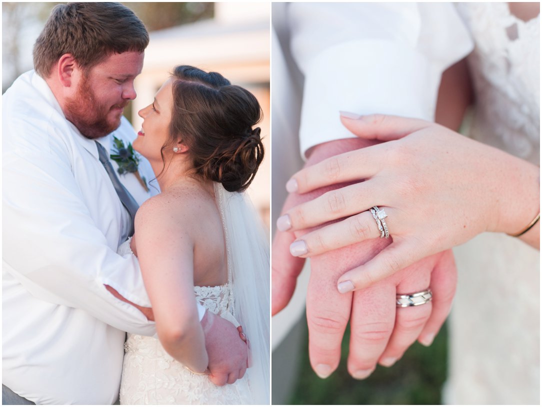 hands with wedding rings and groom holding bride