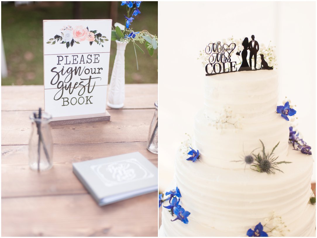 wedding cake with blue flowers