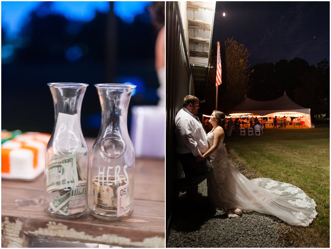 wedding money jars and couple by barn