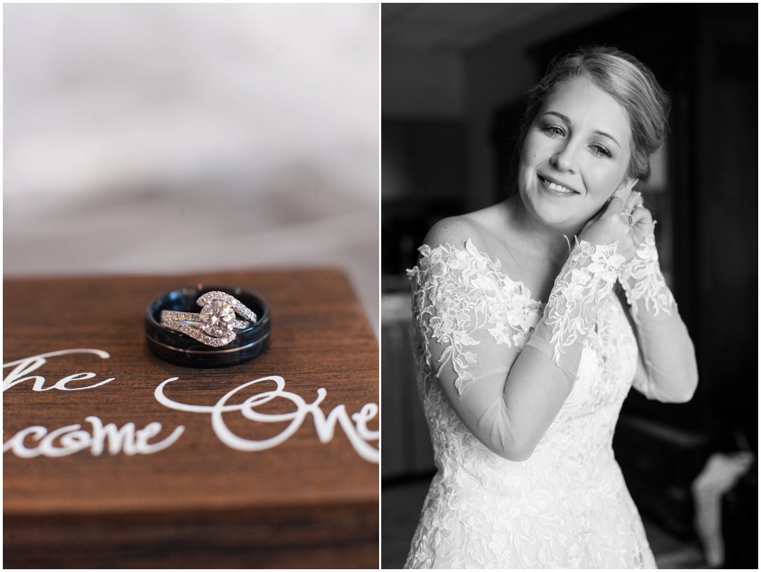 bride putting on earrings and rings