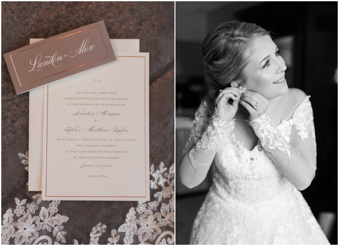 bride putting on earrings and invitation