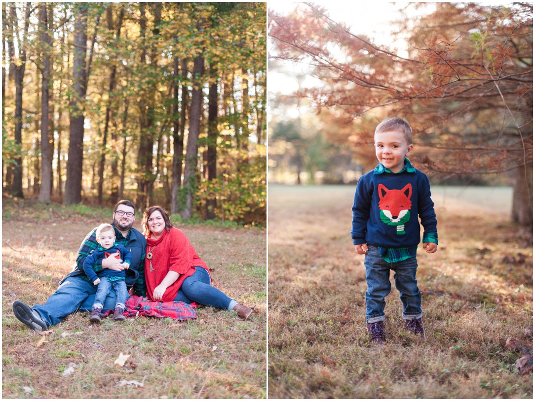 family of three and little boy in fox shirt