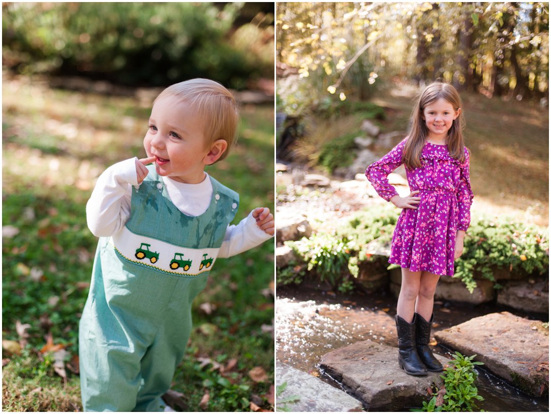 little boy in grass and little girl by pond