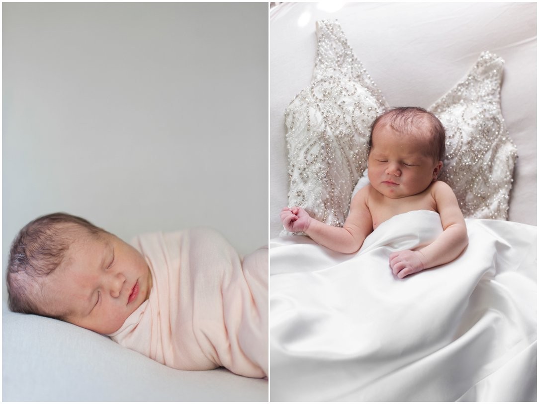 Charleigh's newborn session on wedding dress and swaddled