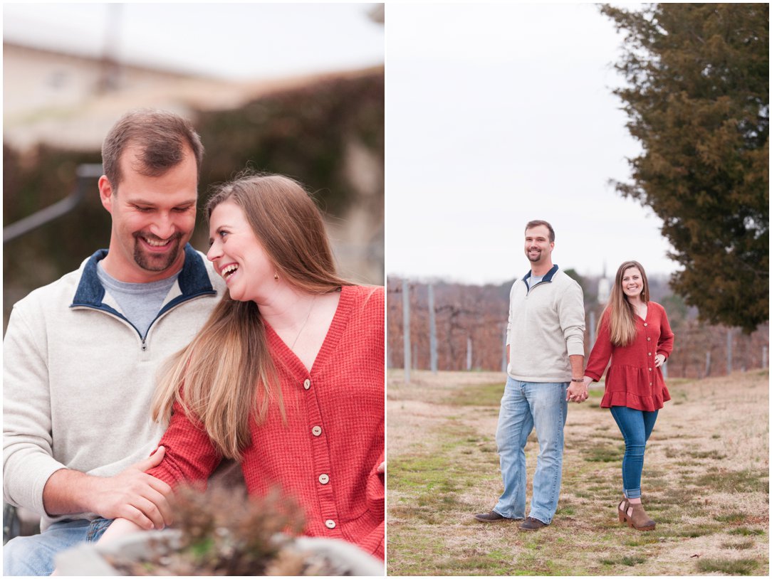 laughing couple and couple standing in winery