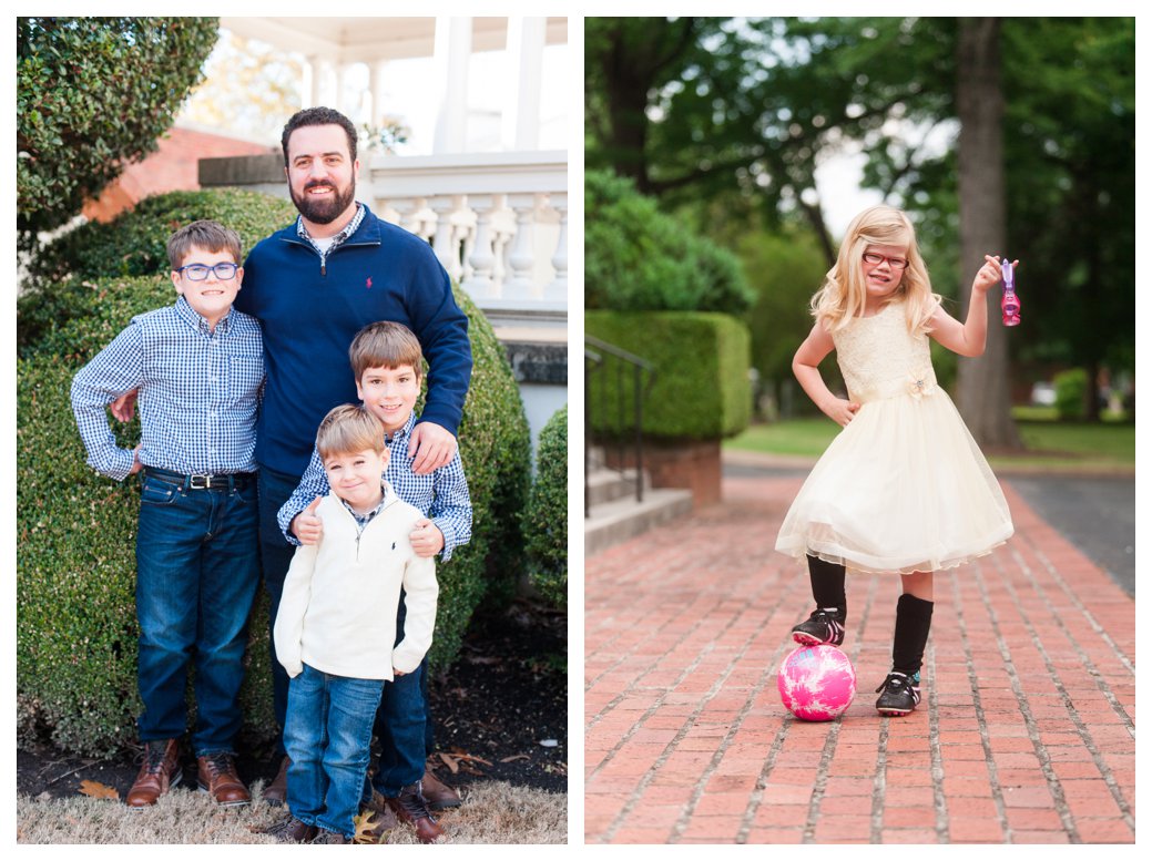 little girl in yellow dress and dad with sons