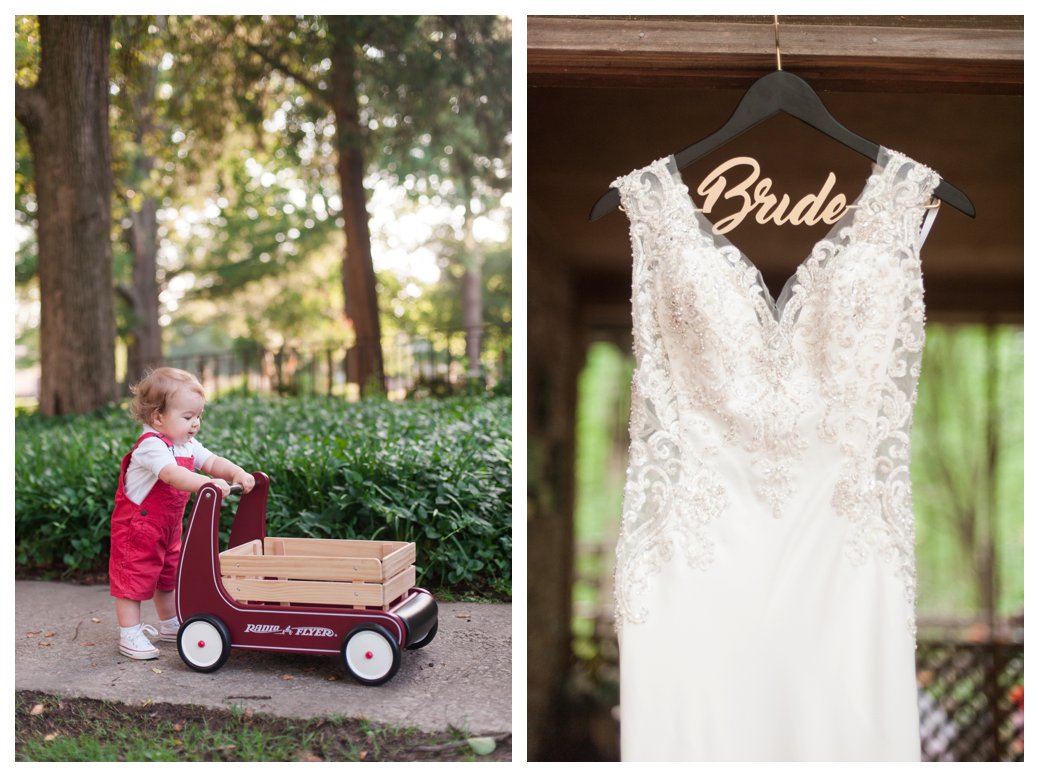 wedding dress and little boy with wagon