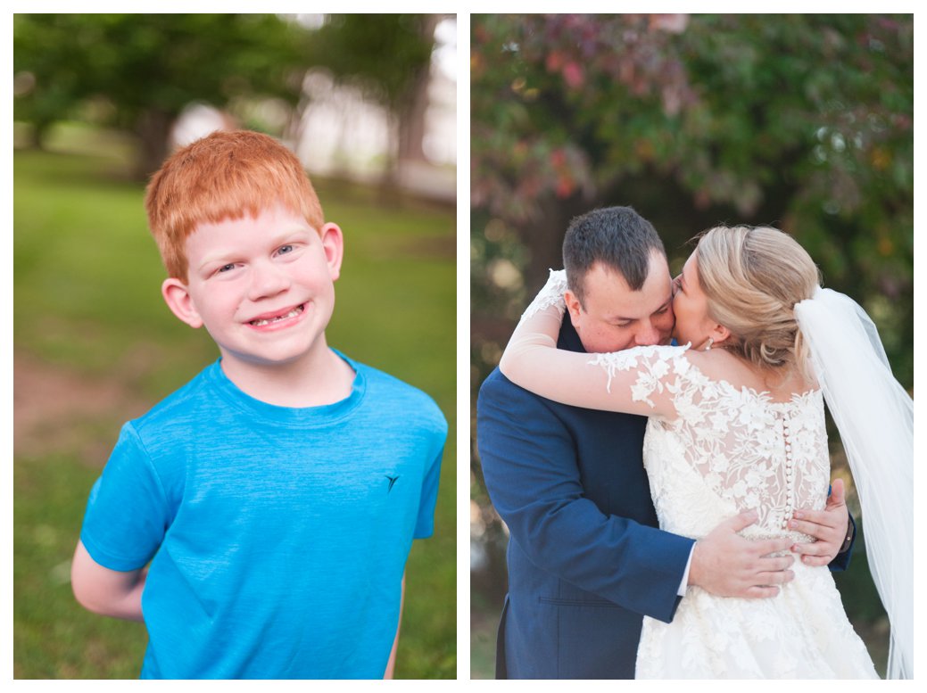 red head boy in blue and bride and groom