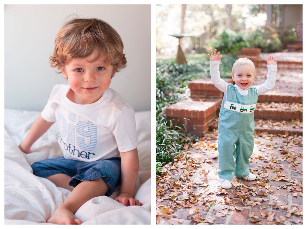 little boy on bed and little boy in leaves