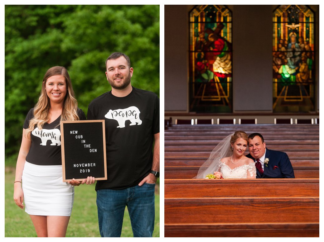 pregnant mom and dad and couple in pews