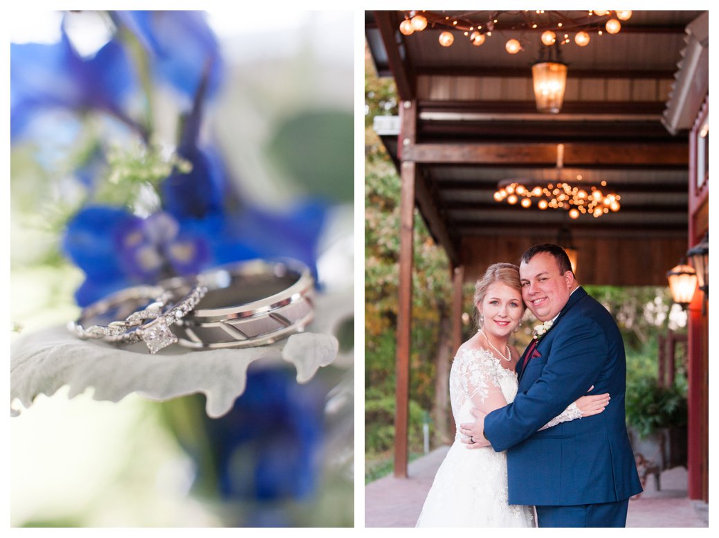 ring with blue flower and couple under lights