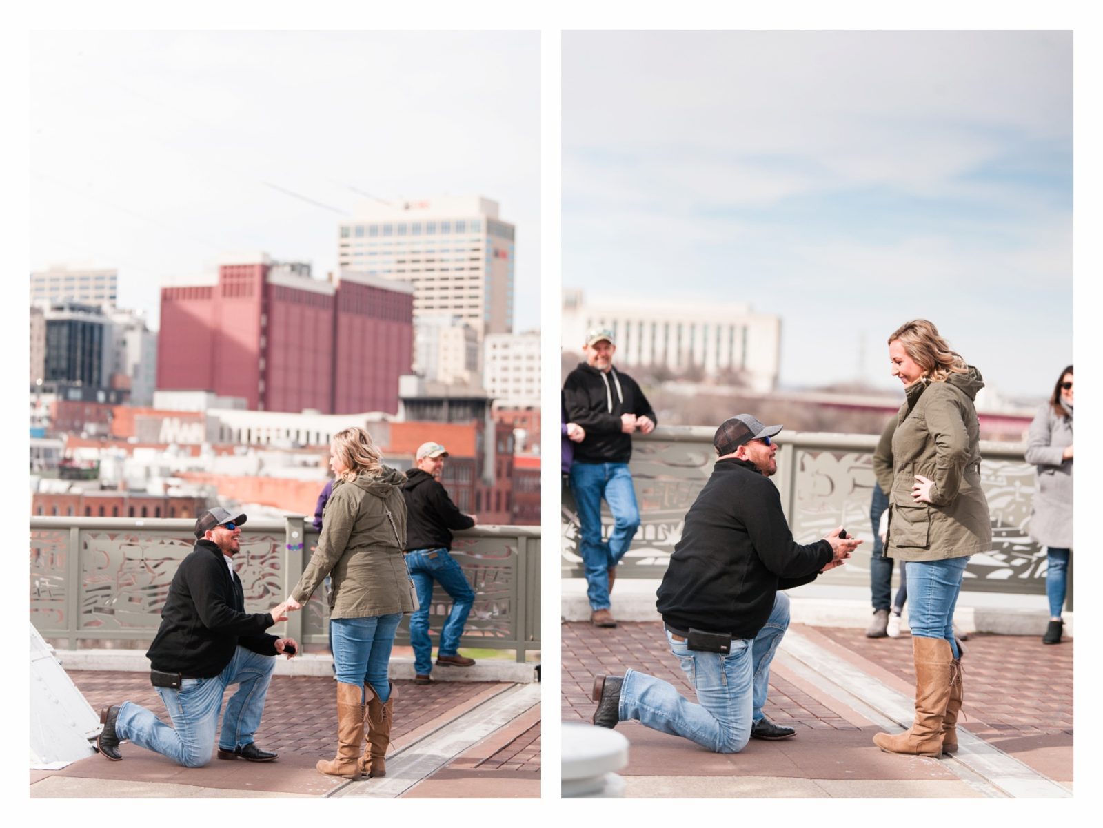 Pedestrian bridge guy on one knee