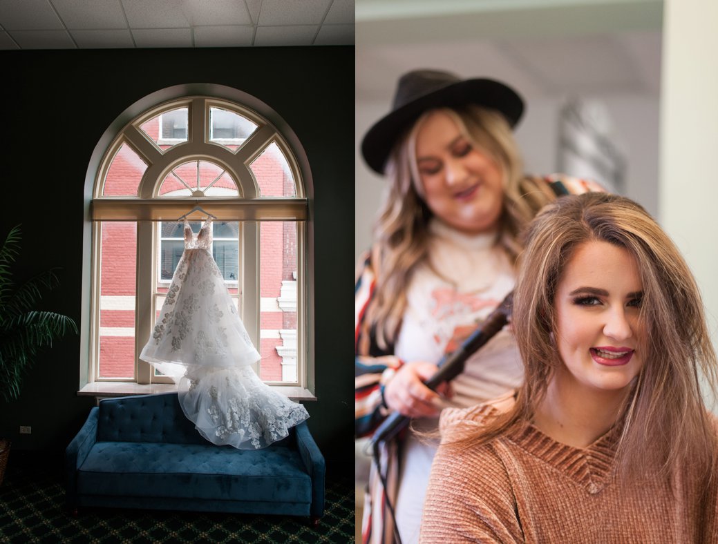 wedding dress in window bride getting hair done