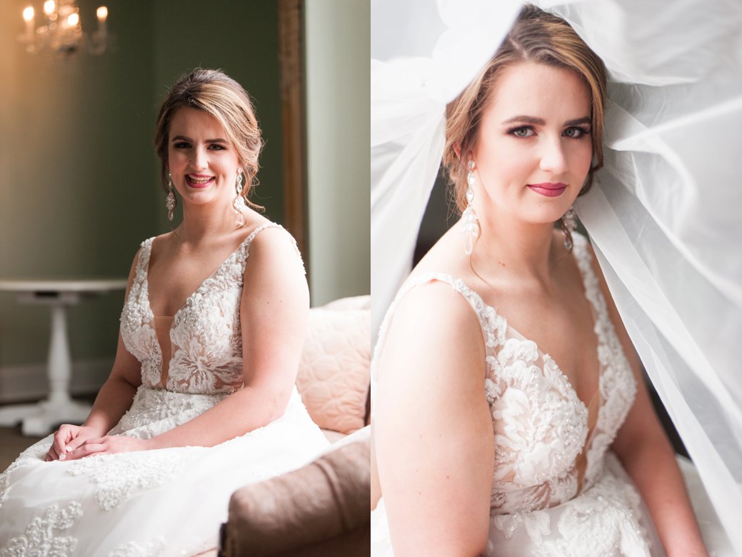 bride under veil in front of window