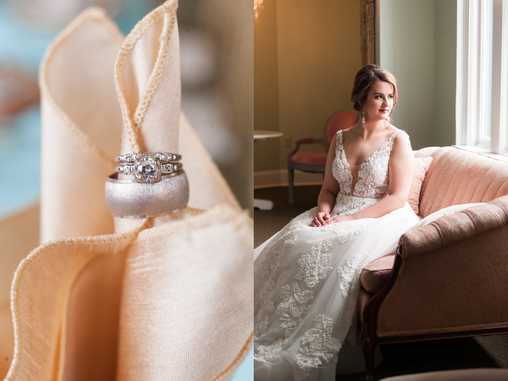 wedding rings and bride on couch