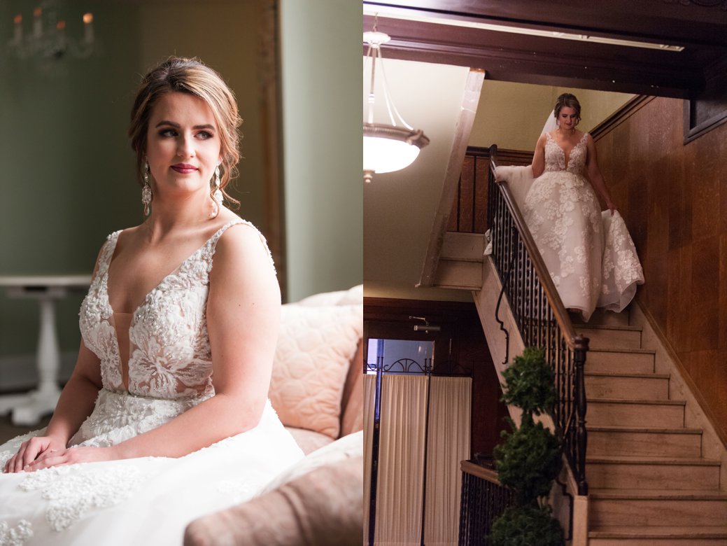 bride sitting and coming down stairs