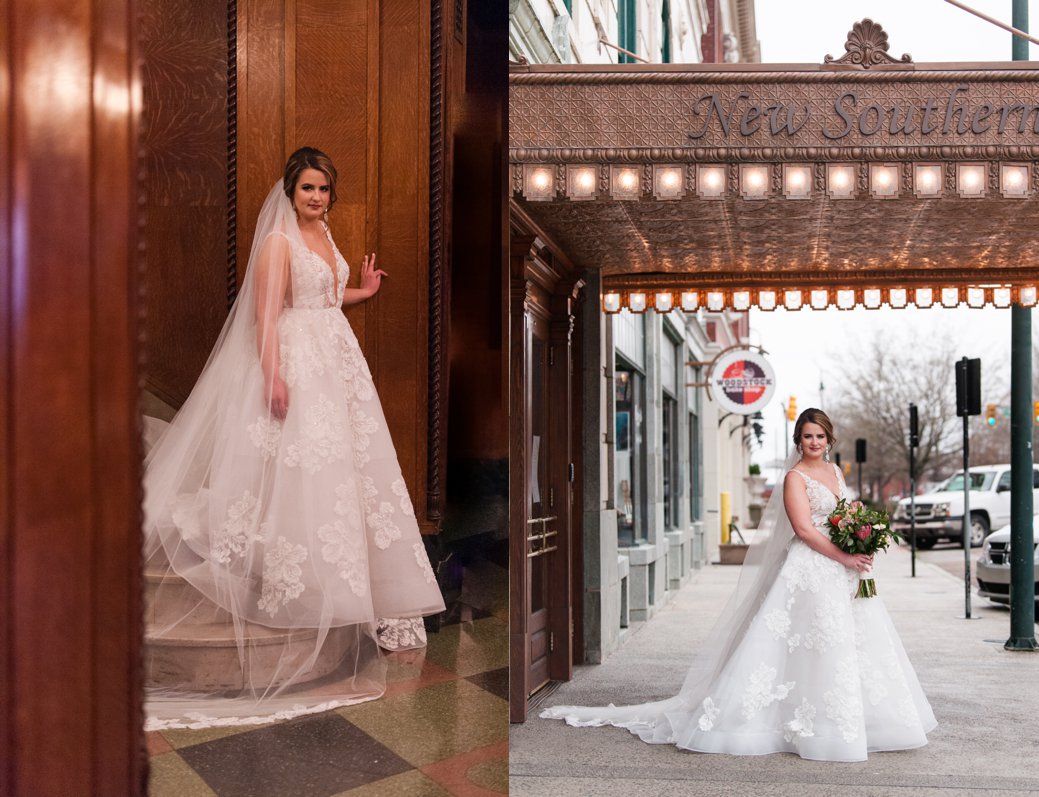 bride on stairs and in front of New Southern Hotel