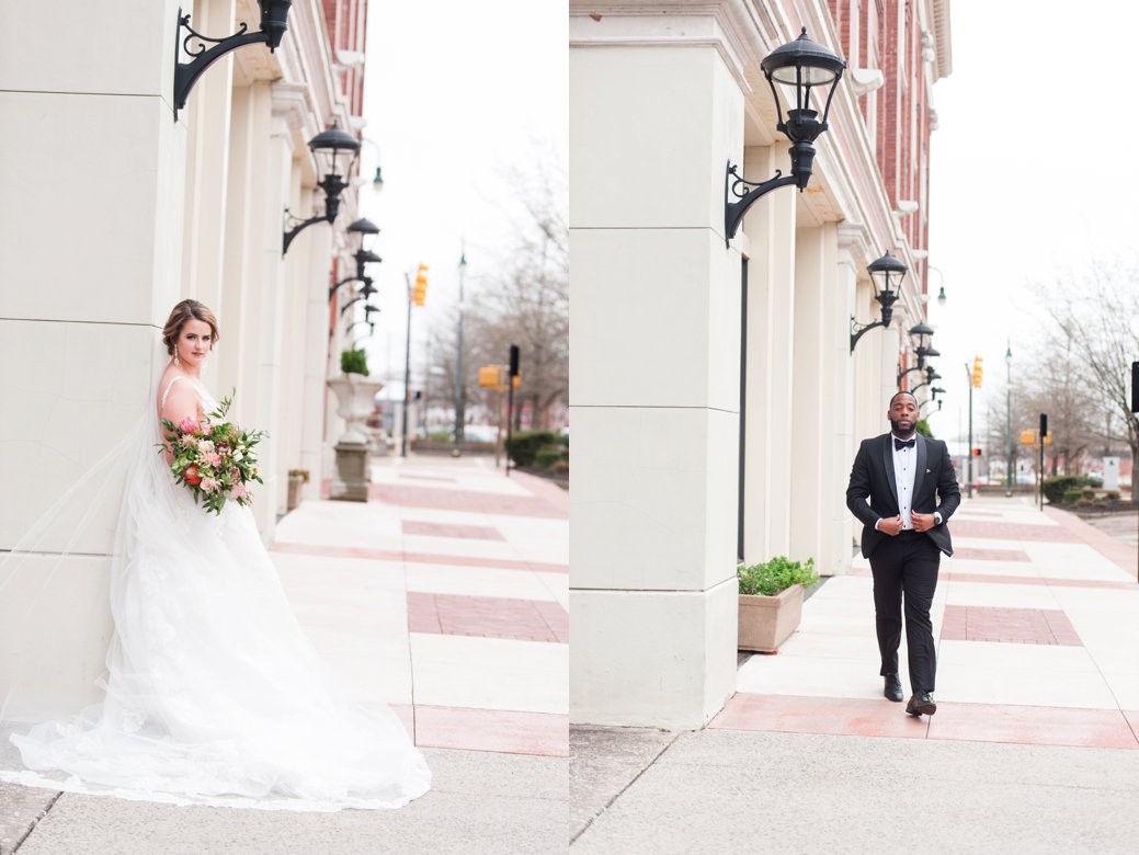 bride and groom outside New Southern Hotel