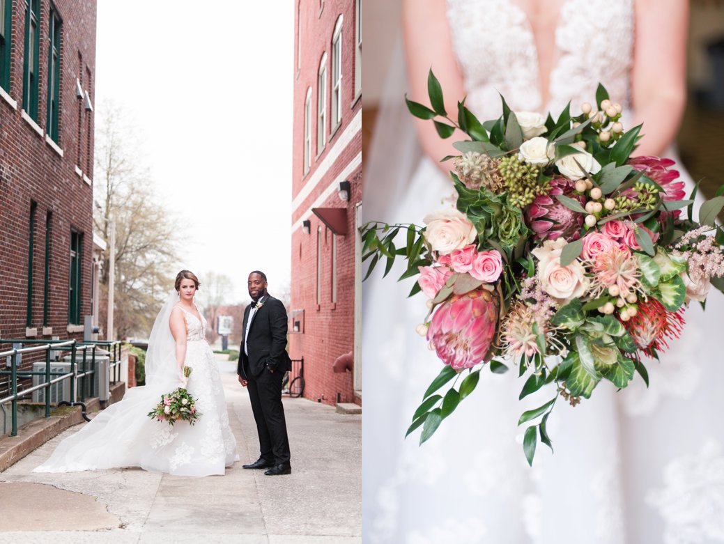 bride and groom and bouquet