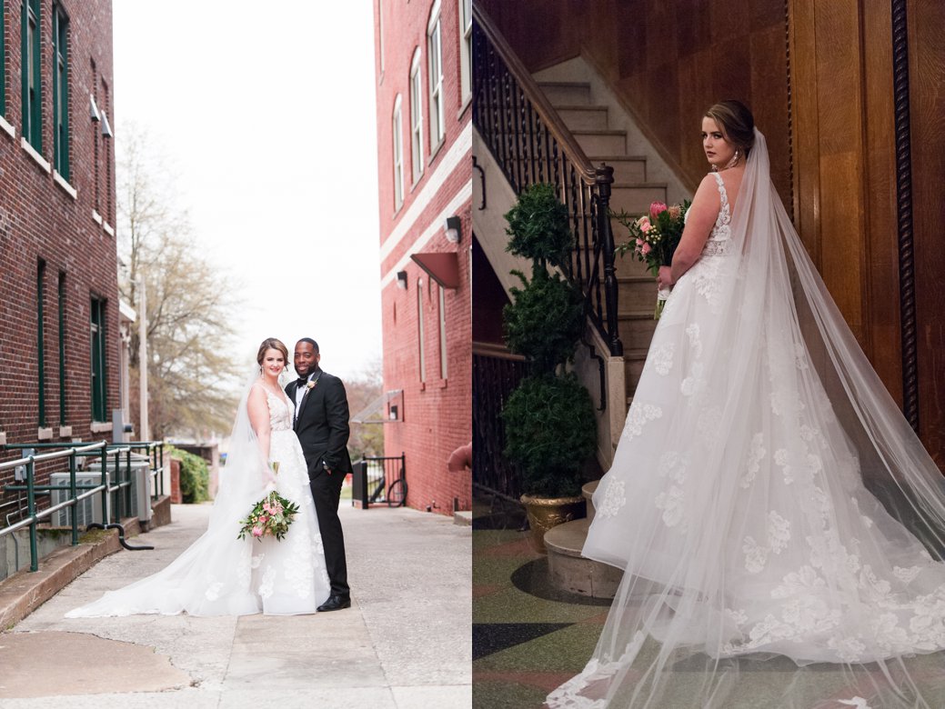 bride and groom and bride on staircase