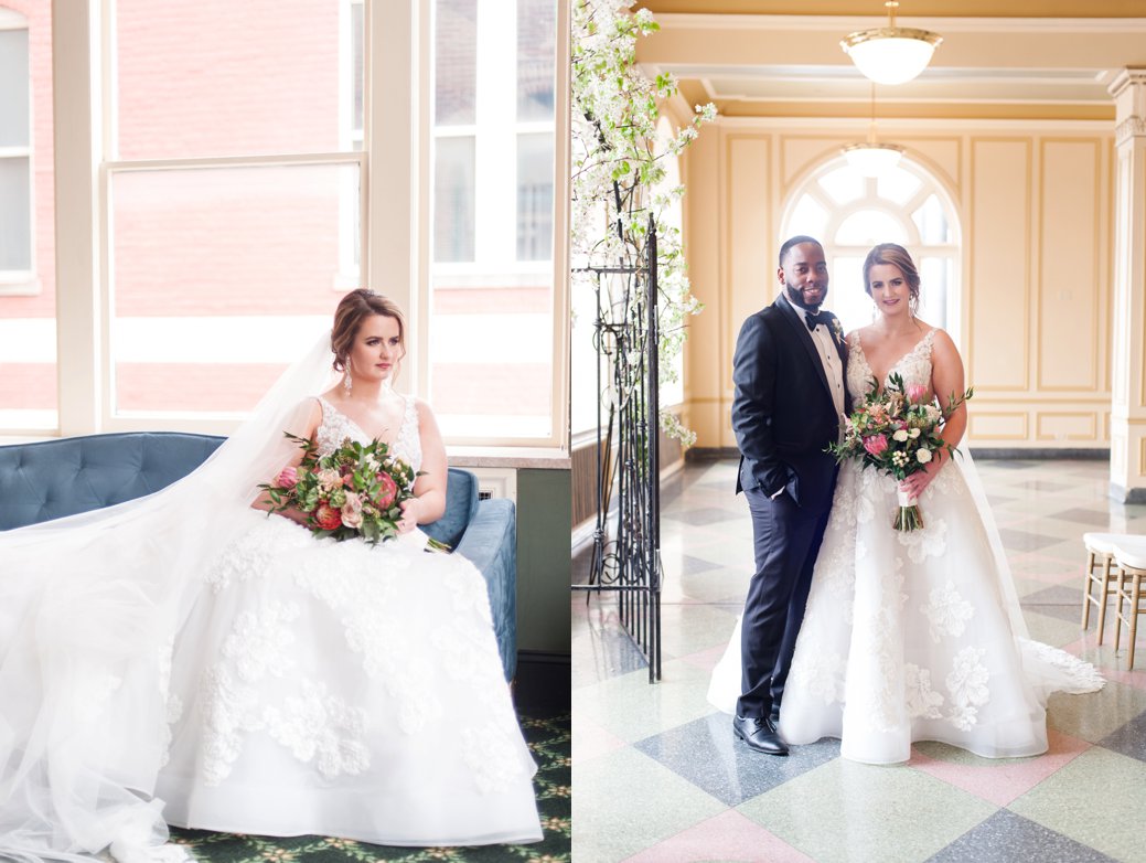 bride on blue couch and at reception with groom