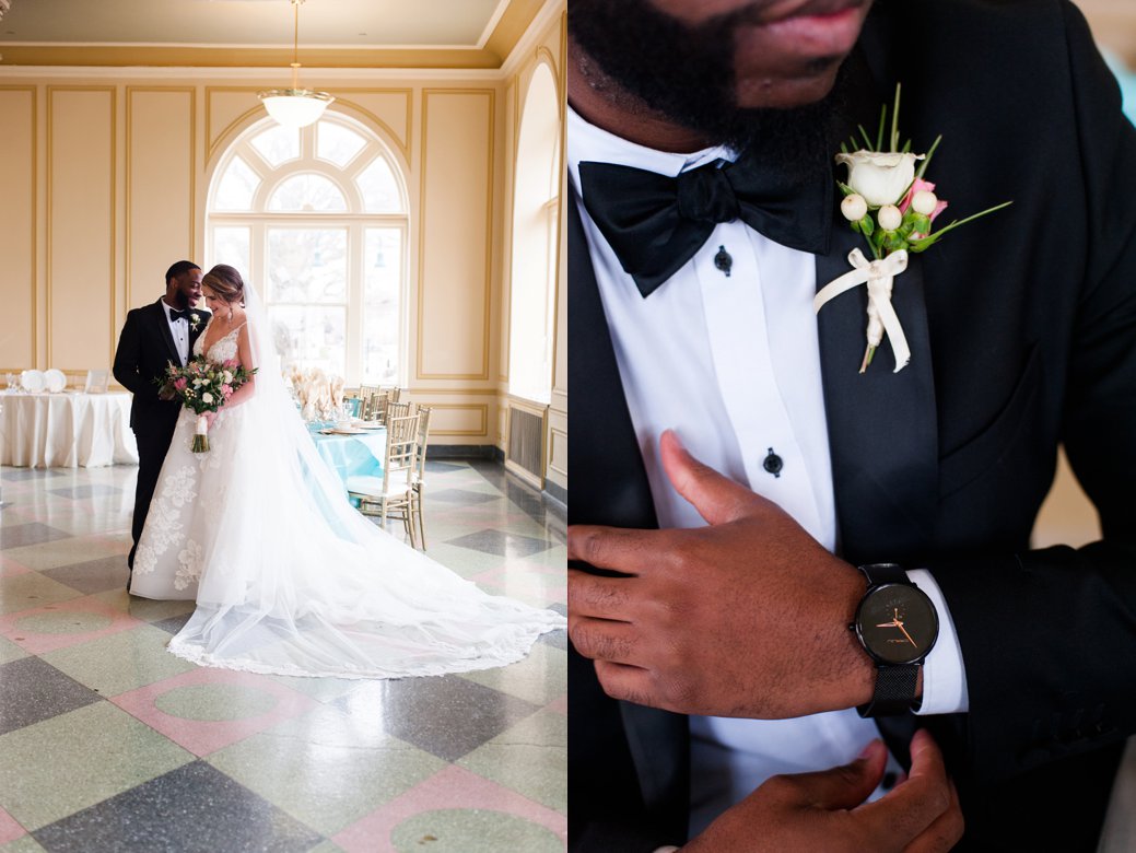 grooms flower and bride and groom in reception