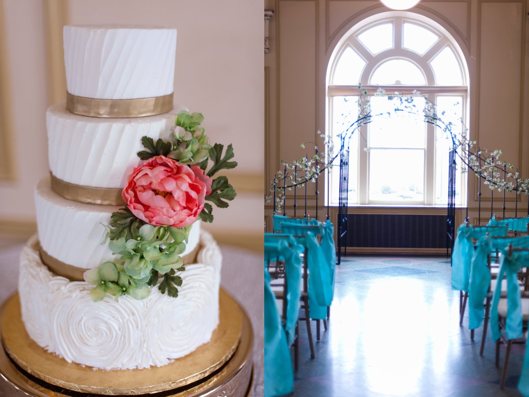 wedding cake and ceremony aisle