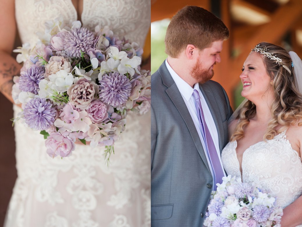 bride with bouquet and bride and groom